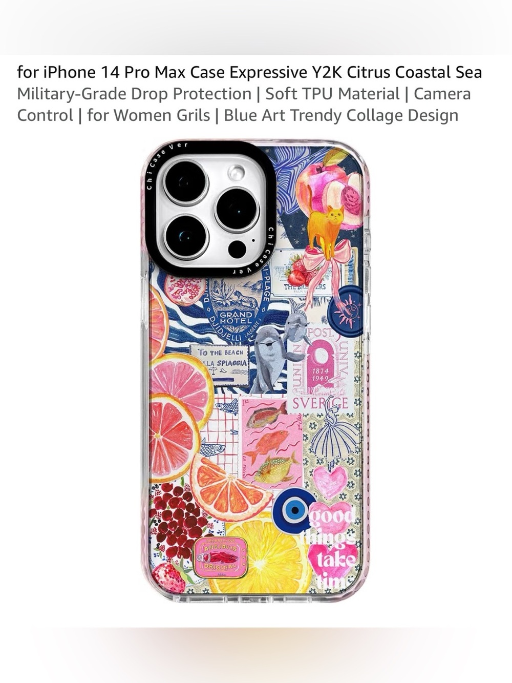 Blue art trendy collage Design I phone 14 pro max CASE Y2K citrus coastal sea